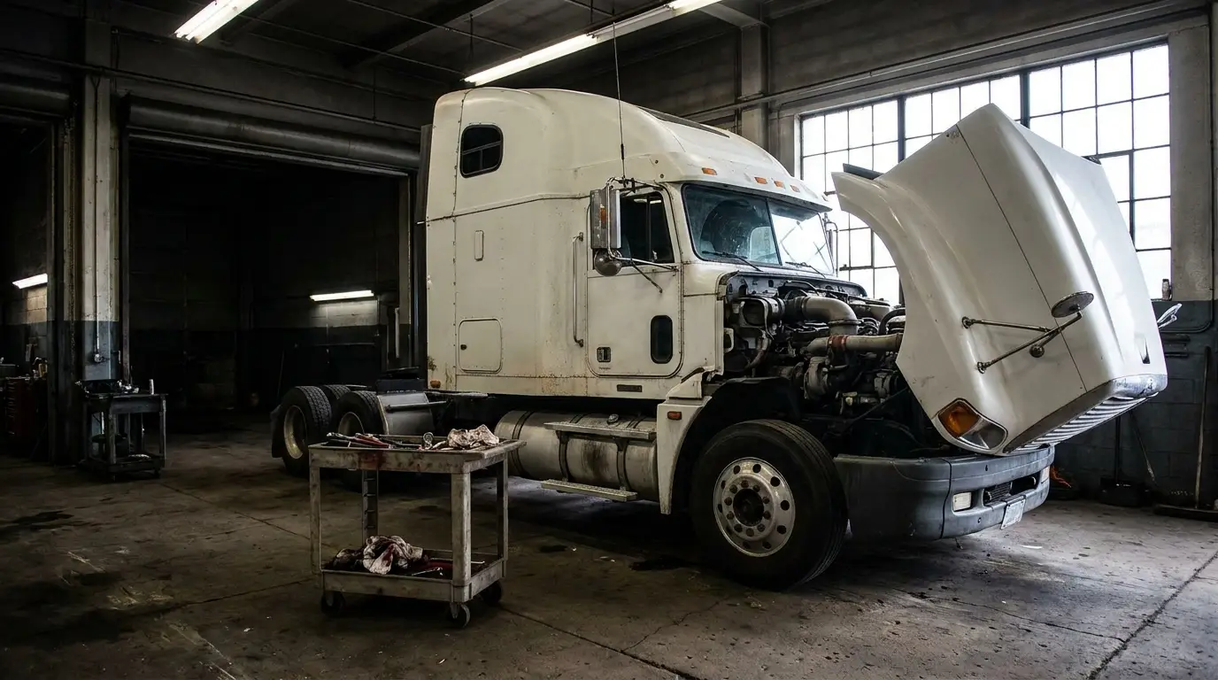 A white sleeper cab tractor with no trailer sitting in a dim heavy truck repair shop bay with its hood tilted open and a tool cart parked beside the front wheel with nobody working on it.