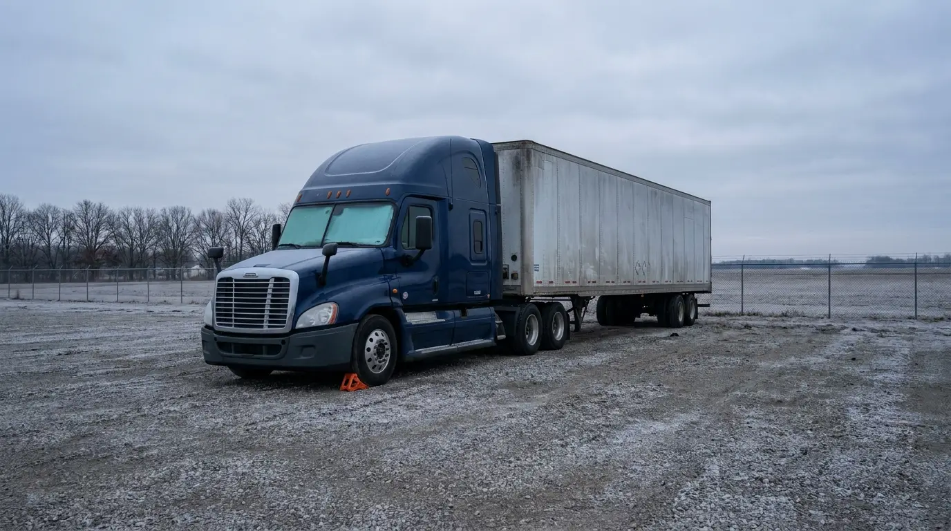 A blue sleeper cab tractor and dry van trailer parked alone with a wheel chock in an empty frosted gravel carrier yard on an overcast morning while every other space sits empty.
