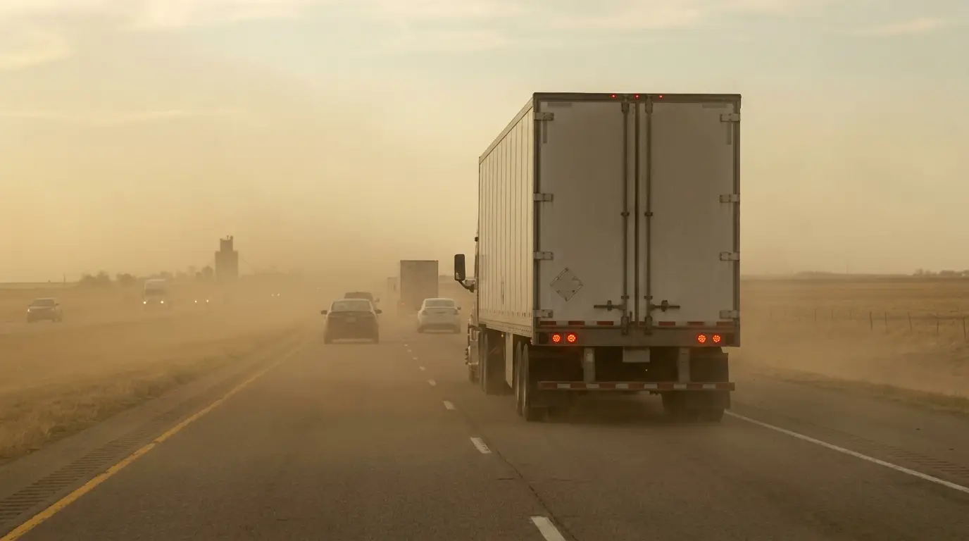 A semi truck with a dry van trailer running through blowing dust on a flat Kansas interstate with visibility dropping to a few hundred feet