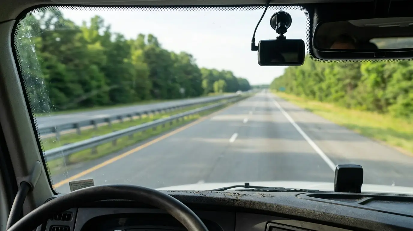 A forward facing dash camera mounted on the inside of a semi truck windshield next to the rearview mirror with an open interstate and guardrail ahead, the kind of camera at the center of the new truck insurance and privacy questions.