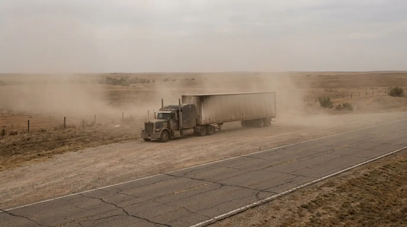 A semi truck parked completely off a western Kansas highway on a gravel shoulder with its lights off during a dust storm