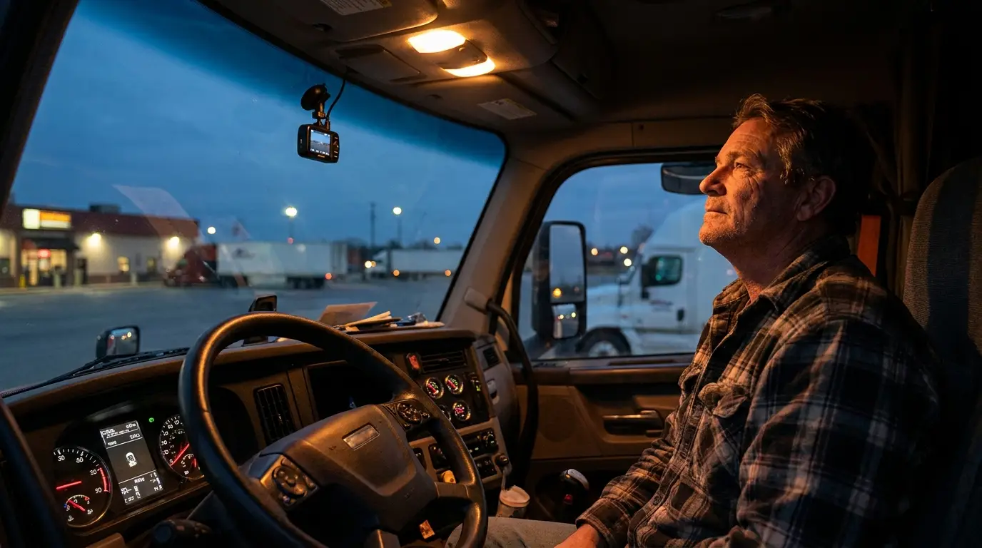 A truck driver sitting in the seat of a parked semi at dusk looking up toward a small inward facing camera on the windshield, with a dim truck stop lot visible behind him.