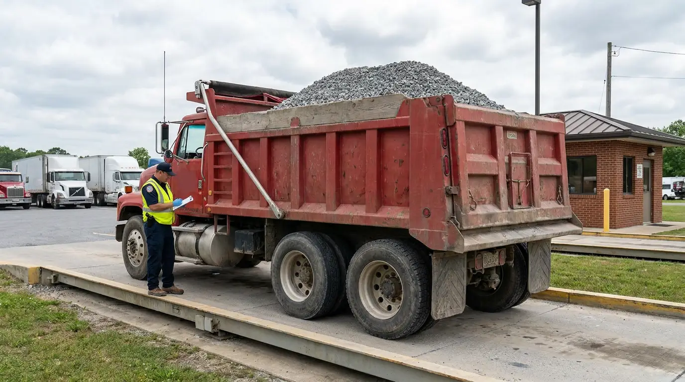 A red dump truck heaped with gray crushed stone parked on a weigh station scale platform while an inspector in a safety vest writes on a clipboard beside the cab.