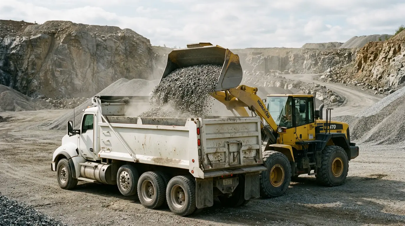 A yellow wheel loader tipping a bucket of crushed gravel into the open bed of a white tri axle dump truck at a quarry pit.