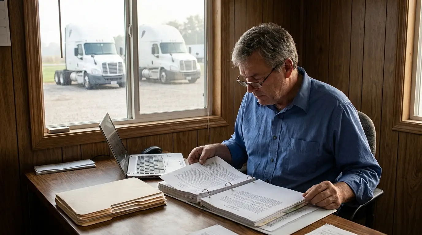 An owner operator sitting at a small trucking office desk reading a thick binder of driver qualification and maintenance records with two white semi trucks parked in the yard outside the window.