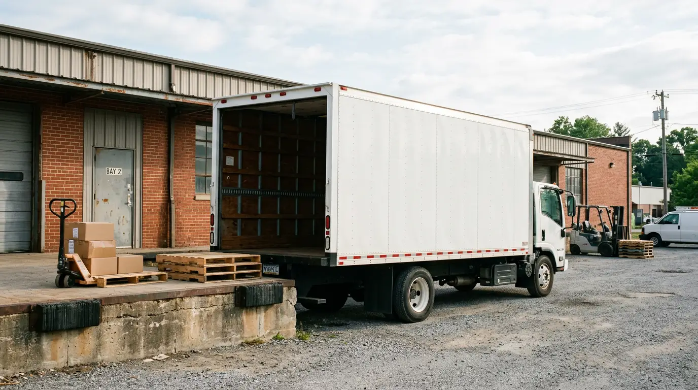 A white 26 foot box truck parked at a small warehouse loading dock with its rear roll up door raised and wooden pallets stacked on the dock edge