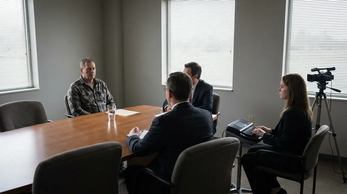 A truck driver in a plaid work shirt seated alone at the end of a conference room table facing two attorneys, with a court reporter running a stenograph machine and a video camera on a tripod recording the deposition.