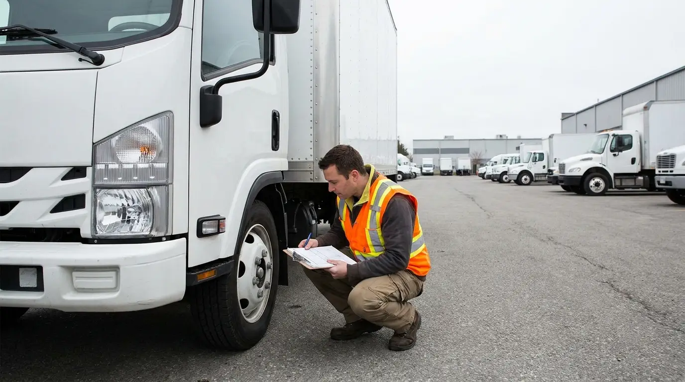 A delivery driver in an orange high visibility vest crouching beside the front wheel of a white box truck writing a daily inspection report on a clipboard