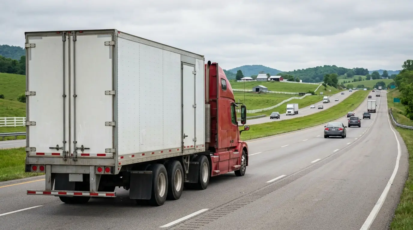 A red semi truck pulling a white dry van trailer heads away from the camera on a divided interstate through rolling green Kentucky farmland with white board fences