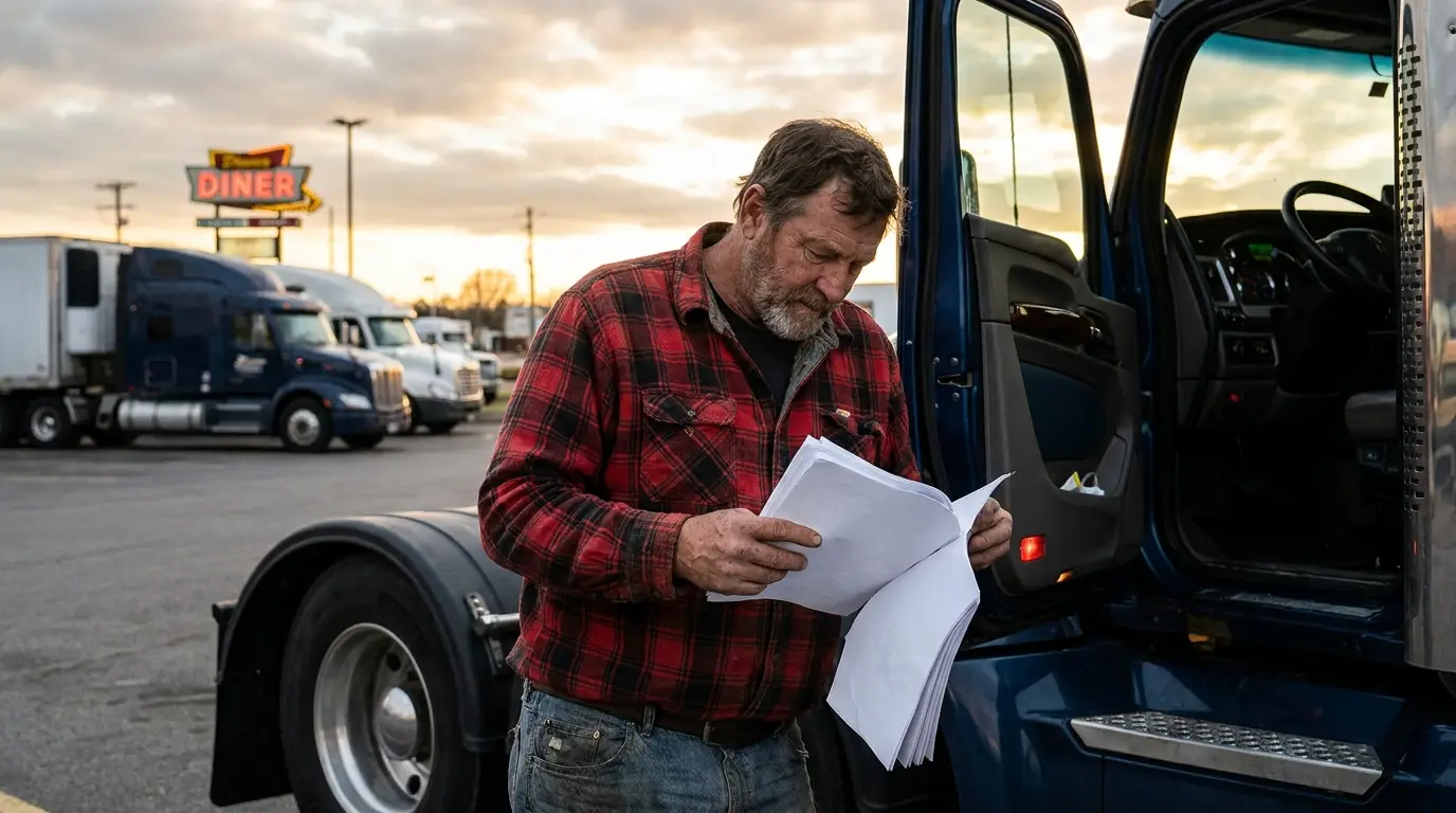 An owner operator in a red plaid shirt stands beside the open door of his blue tractor at a truck stop at sunset reading a stack of truck insurance paperwork
