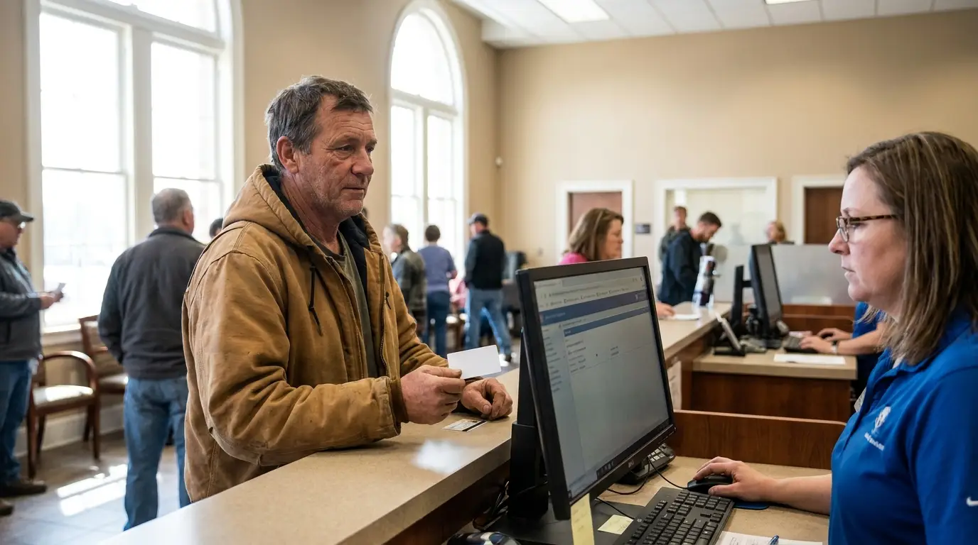 A commercial truck driver in a canvas work jacket standing at a busy state motor vehicle department counter handing his commercial driver license to a clerk working at a computer.