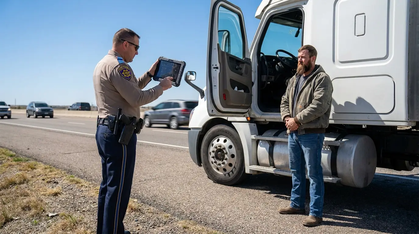 A state highway patrol officer checking a truck driver's commercial license on a handheld tablet beside a white semi truck parked on a highway shoulder while the driver waits by the open cab door.