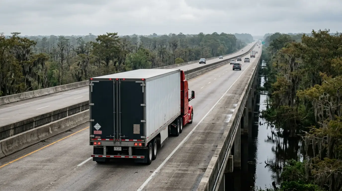 A red semi truck pulling a dry van trailer drives away from the camera across a long elevated interstate bridge over a Louisiana cypress swamp, the kind of run that puts a small carrier under Louisiana truck insurance rules.