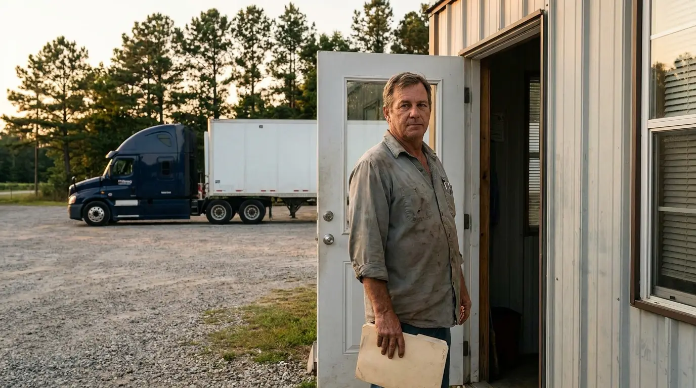 An owner operator stands in the doorway of a small metal trucking office holding a folder while his tractor and trailer sit in the gravel yard, the address where suit papers and truck insurance notices actually arrive.
