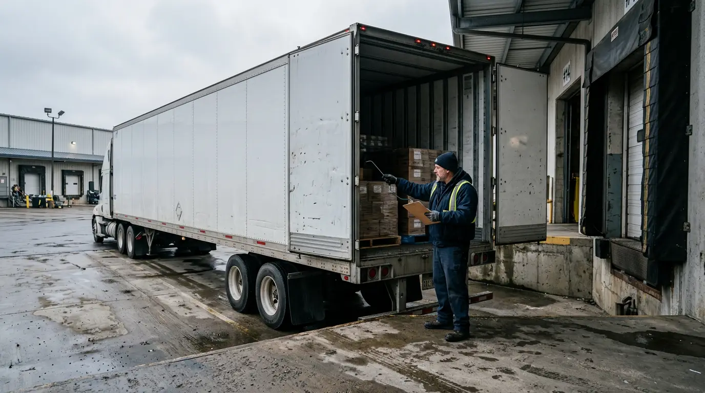 A driver holding a clipboard and a handheld temperature probe at the open rear doors of a refrigerated trailer at a cold storage dock.
