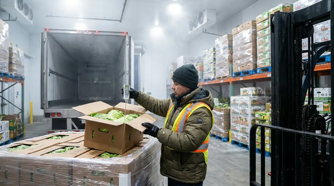 A warehouse receiving worker in a heavy coat checking the temperature of a pallet of boxed produce unloaded from a refrigerated trailer.