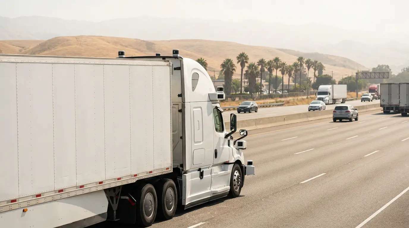 A white sleeper tractor with roof mounted sensor pods pulls a dry van on a California interstate where heavy autonomous truck testing is now permitted.
