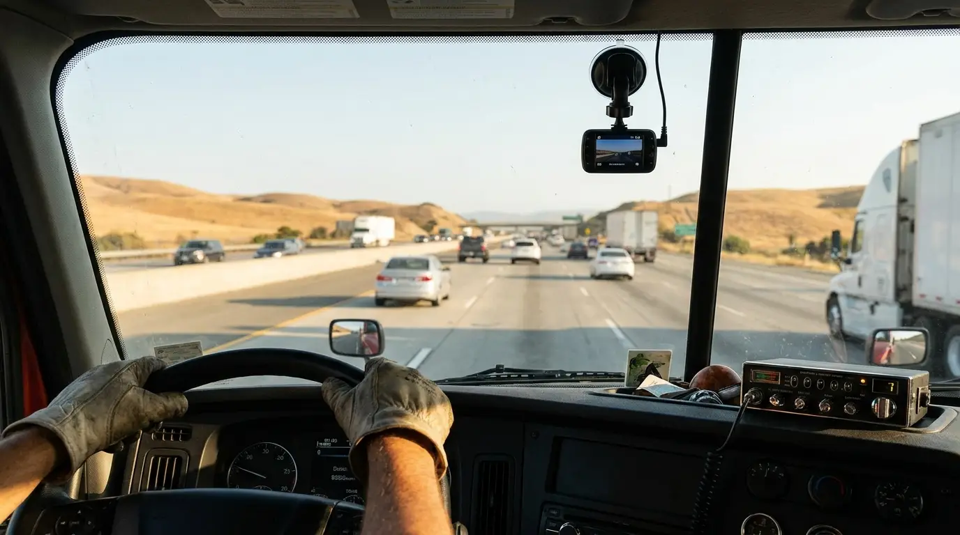 A forward facing dashcam mounted on the windshield of a semi truck cab with the driver hands on the wheel on a California interstate.