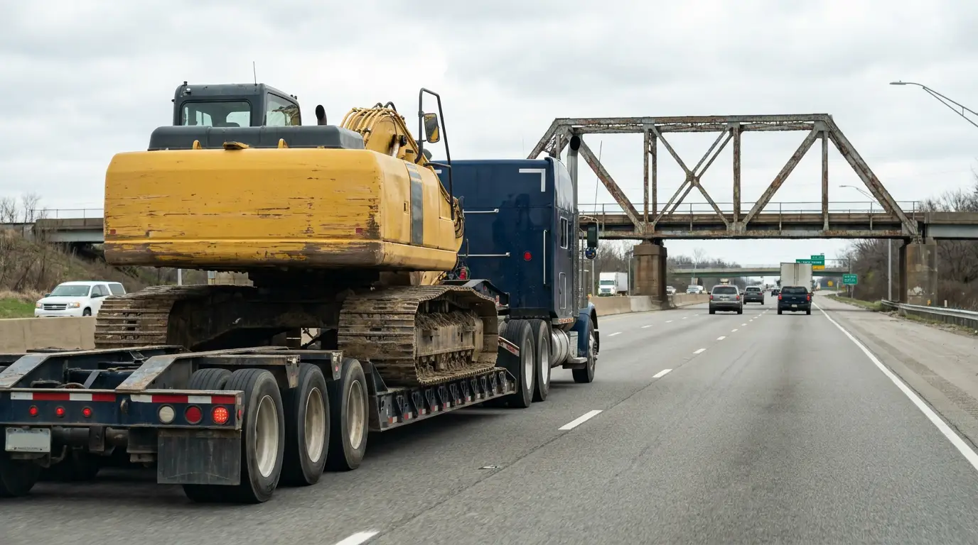 A yellow tracked excavator chained down on a heavy haul lowboy trailer on an interstate, approaching an old steel truss bridge overpass.