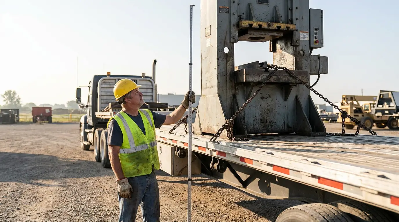 A truck driver in a hard hat holding a measuring pole up beside a large machine chained to a step deck flatbed trailer to check the load height.