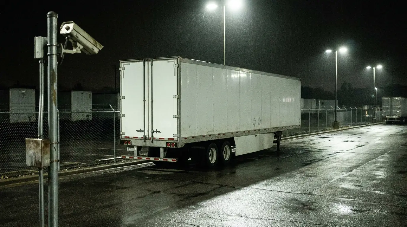A loaded dry van trailer sits alone under security lights in a fenced truck yard at night with a camera pole watching the gate.