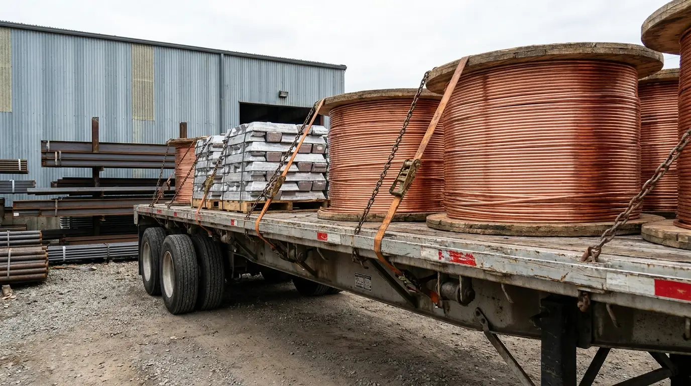 Spools of copper wire and stacked metal ingots chained and strapped to a flatbed trailer at an industrial yard, the kind of high value load driving cargo theft losses.