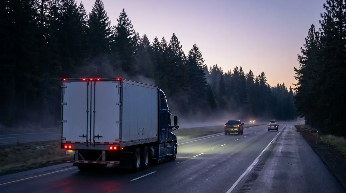 A dark blue semi truck pulling a dry van trailer runs through pine forest at dusk on a northern Maine interstate, the hours when most moose crashes happen.