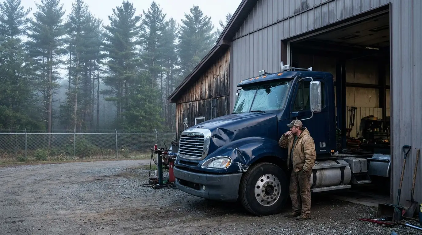 A dark blue day cab tractor with a cracked windshield and a dented hood sits outside a rural repair bay while a mechanic inspects the front end.