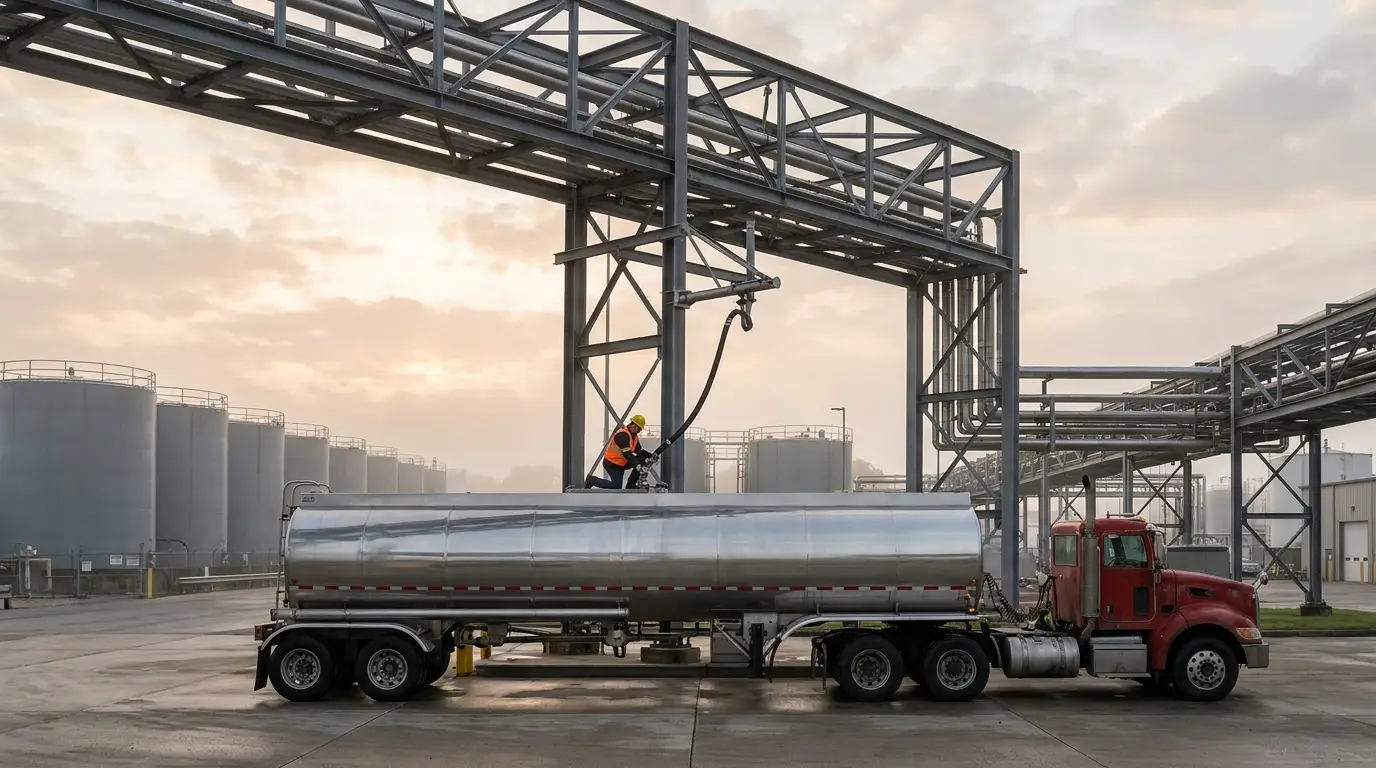 A stainless steel petroleum tank trailer with a red day cab tractor parked under a fuel terminal loading rack while a worker in a hard hat connects a hose on top of the tank.