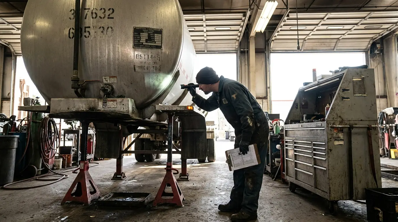 A technician in coveralls shining a flashlight on the stenciled test markings near the specification plate of an aluminum cargo tank trailer up on jack stands in a repair shop.