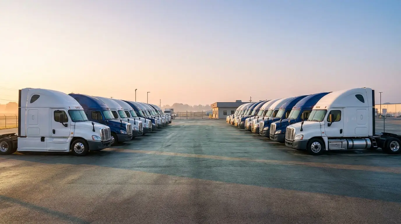 Two rows of late model used sleeper semi tractors parked on a commercial truck dealership lot at sunrise, the used market that decides what your truck insurance values your truck at.