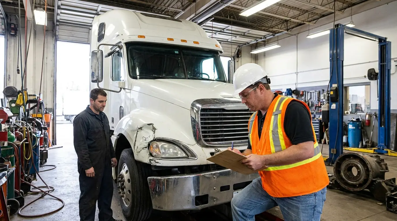 An insurance adjuster in a hard hat and orange safety vest writes on a clipboard while inspecting the damaged front corner of a white sleeper semi truck inside a repair shop bay.