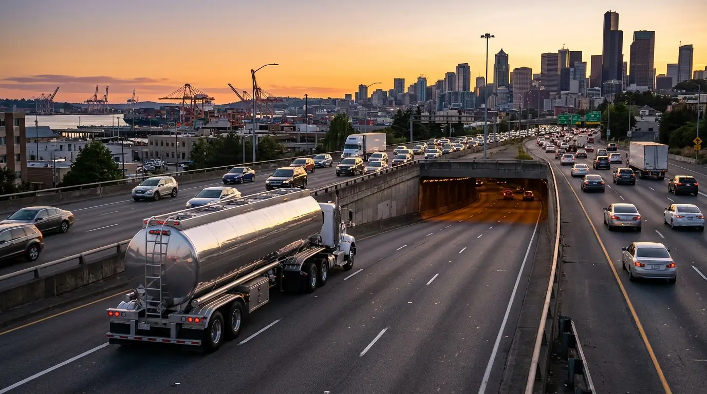 A silver tanker trailer runs the right lane of a six lane urban interstate at sunset as the roadway drops into a harbor tunnel portal ahead.