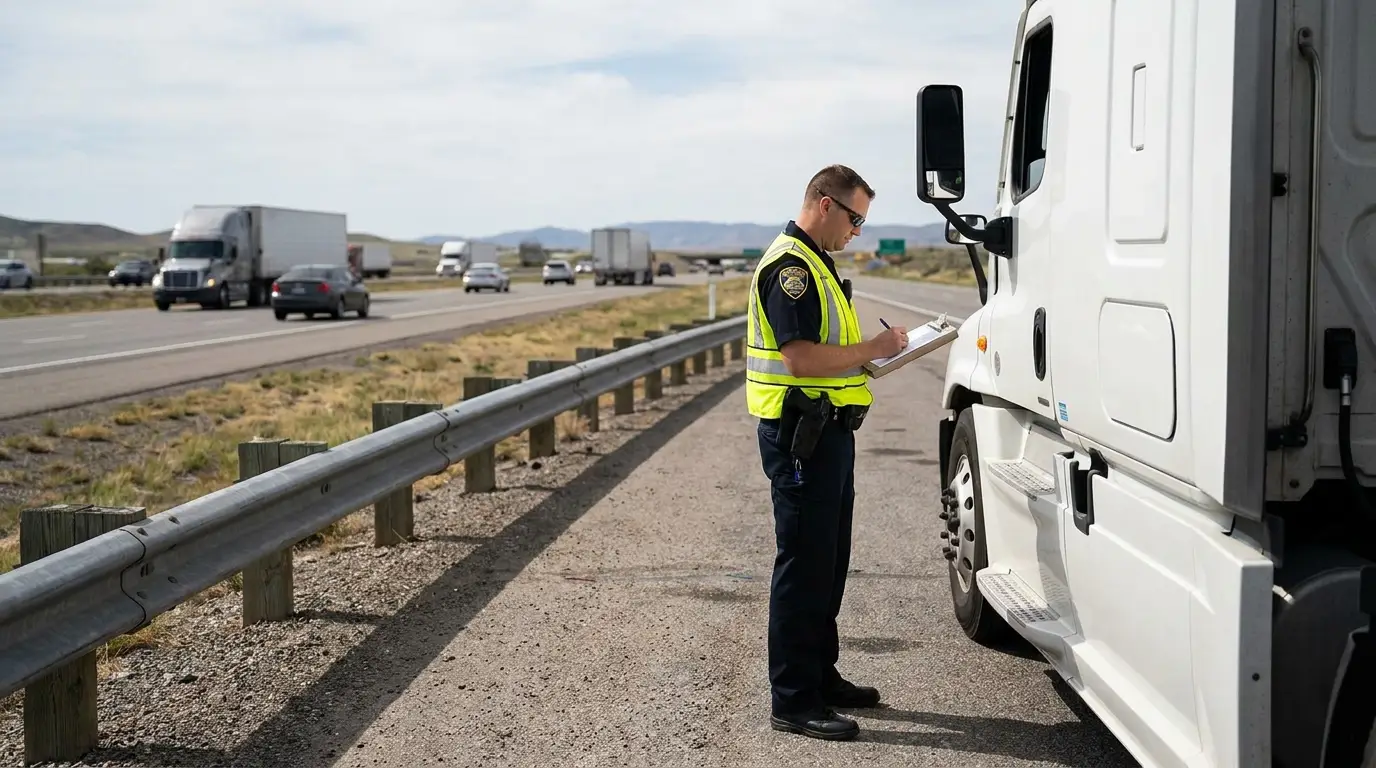 A commercial vehicle enforcement officer in a high visibility vest stands beside a parked white tractor trailer at a highway inspection pull off, clipboard in hand.