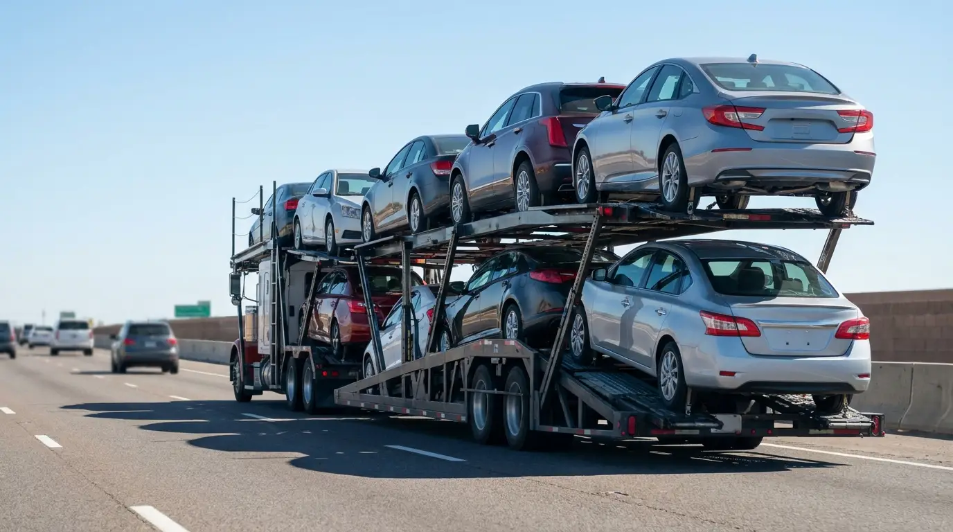 A loaded auto hauler carrying eight cars on its upper and lower decks running down an interstate highway, seen from behind.