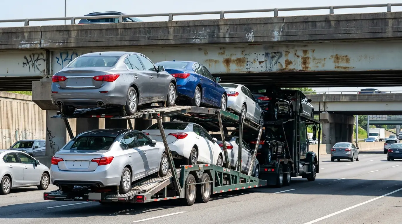 A loaded auto hauler passing beneath a low concrete highway overpass with very little clearance above the cars on its upper deck.