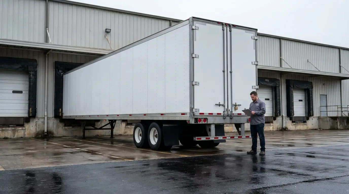 A plain white dry van trailer backed into a warehouse loading dock with its rear doors closed and sealed while the driver stands beside them with a clipboard.
