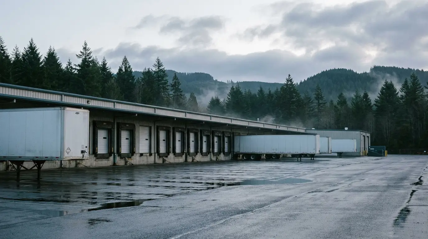 An empty regional freight terminal at dawn with closed dock doors and idle dry van trailers, the kind of yard a carrier shutdown leaves behind for the trucking companies still owed freight.