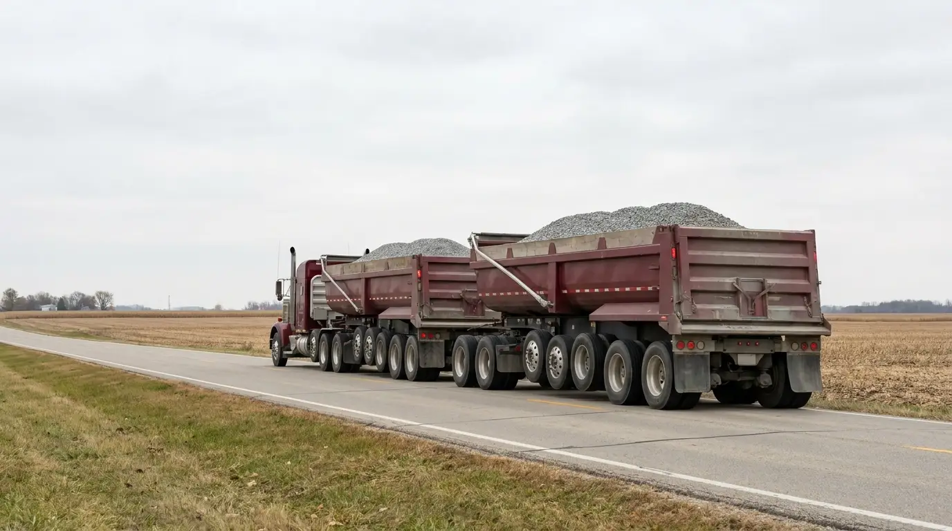 A maroon tractor pulling two loaded dump trailers on many axles travels a rural two lane state highway, the kind of multi axle combination Michigan truck weight law allows.