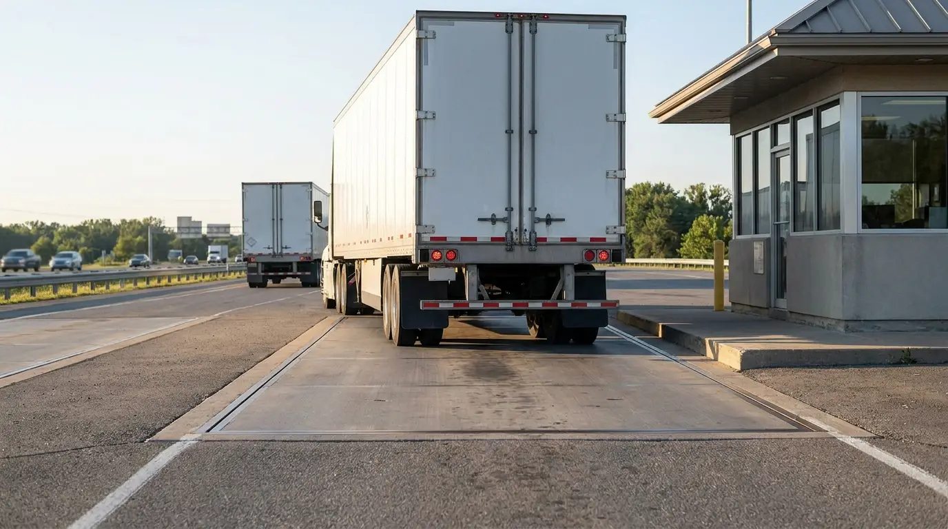 A white dry van tractor trailer crossing a highway weigh station scale platform seen from behind with a second dry van waiting in line ahead of it.