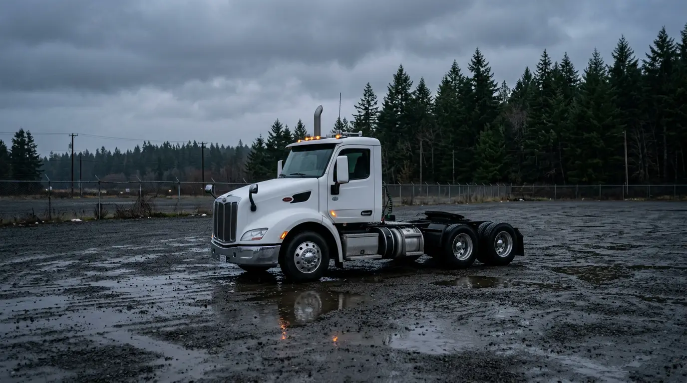 A white day cab tractor parked bobtail with no trailer in a wet empty yard, the position a leased owner operator lands in when the motor carrier stops dispatching.