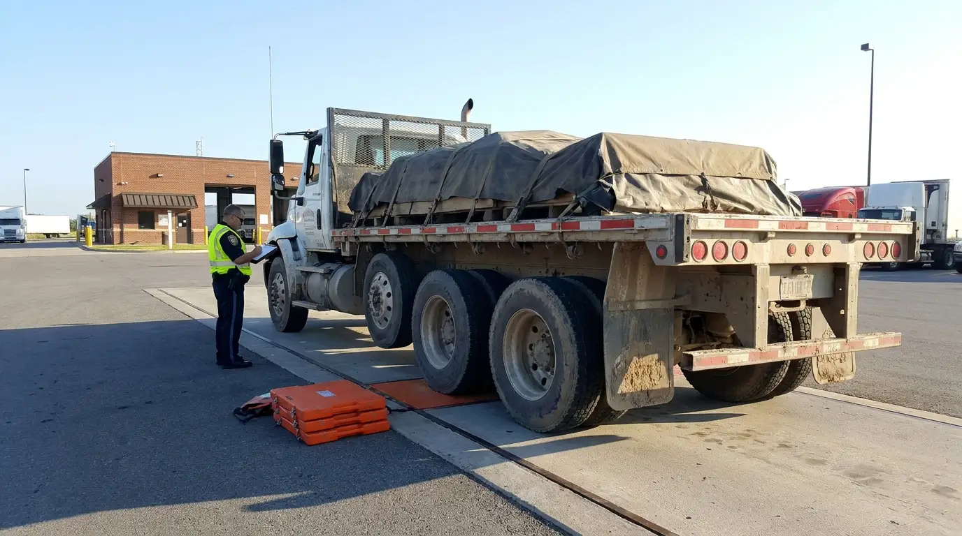 A commercial vehicle enforcement officer with a clipboard stands beside a loaded flatbed truck parked on a weigh scale platform with orange portable scale pads on the pavement.