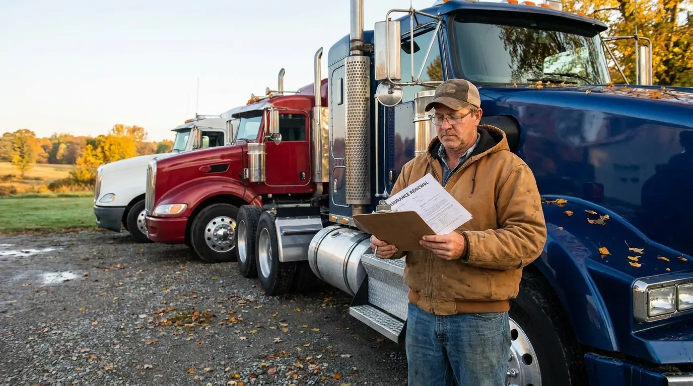 A small fleet owner operator in a work jacket reads his truck insurance renewal paperwork on a clipboard beside three parked semi tractors in a gravel yard at sunrise.