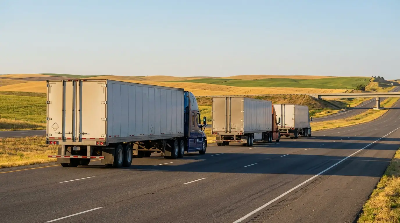 Three tractor trailers running away from the camera in the right lane of a rural interstate at golden hour, the everyday miles that decide a commercial truck insurance rate.