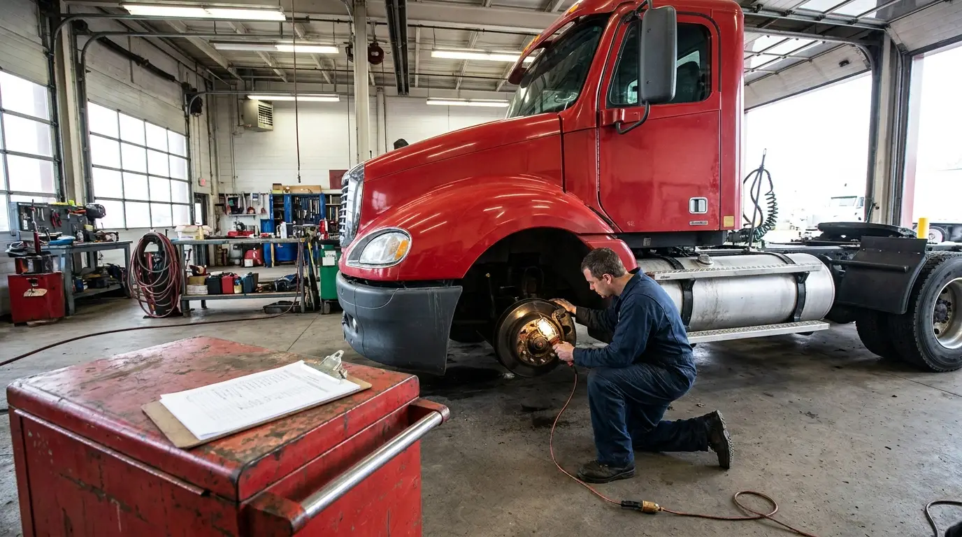 A certified inspector kneeling beside a red day cab tractor with the front wheel removed, checking the brake components during a Minnesota annual truck inspection.