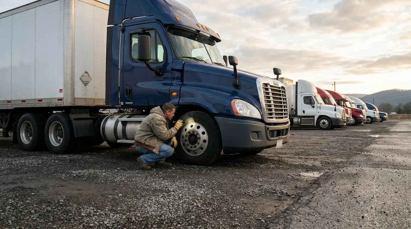 An owner operator crouching beside the steer tire of a blue tractor trailer at dawn in a truck stop lot, doing a walkaround pre trip inspection before a run.