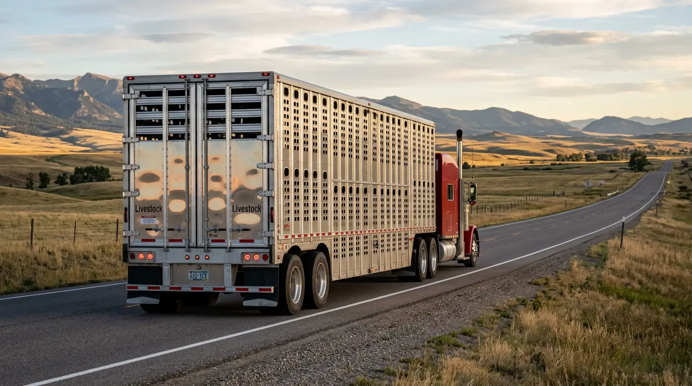 A red semi truck pulling an aluminum cattle pot livestock trailer with ventilation slats on a rural highway through open ranch country.