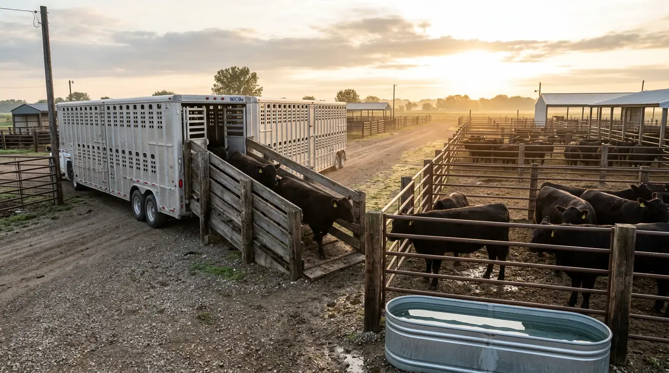 An aluminum livestock trailer backed up to a wooden unloading chute at a cattle stockyard with black angus cattle in the holding pens.