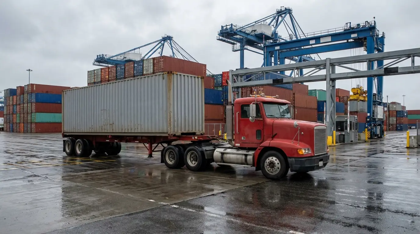 A red day cab drayage tractor hooked to a forty foot ocean container on a chassis on a wet marine terminal yard with gantry cranes and container stacks behind it.