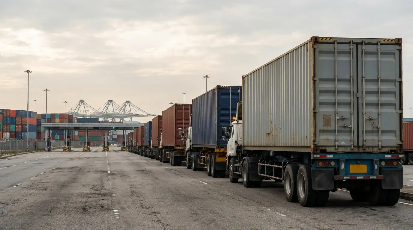 A long line of drayage trucks hauling ocean containers on chassis waiting nose to tail to enter a port terminal gate.